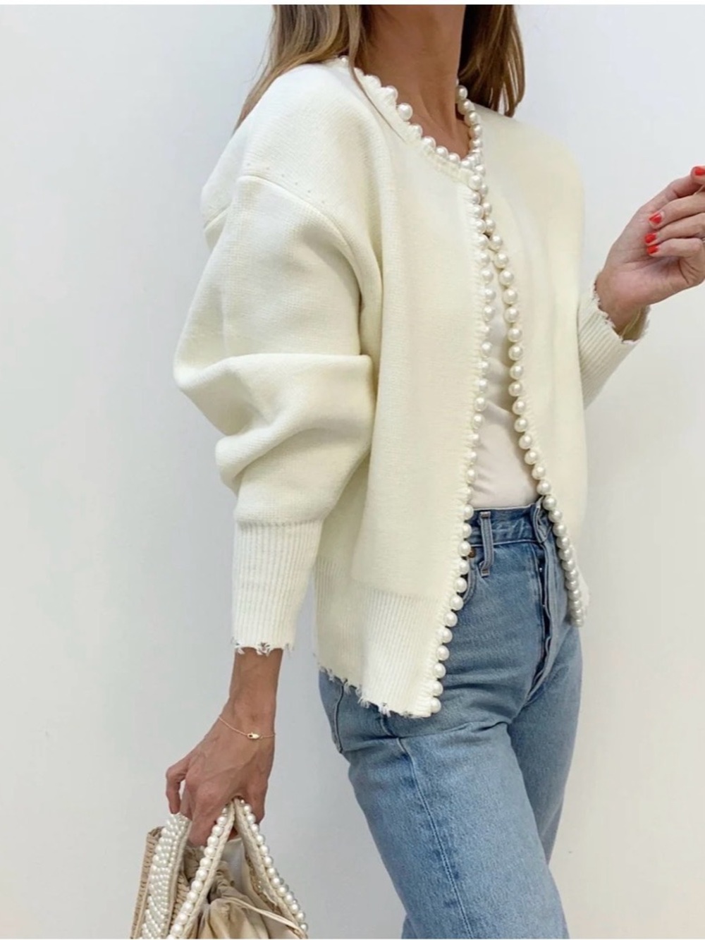 Commense Pearl-Trim Cream Cardigan